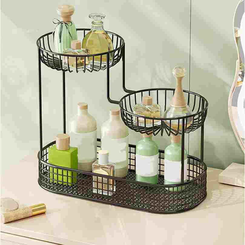 Black metal storage rack with bottles on a light surface