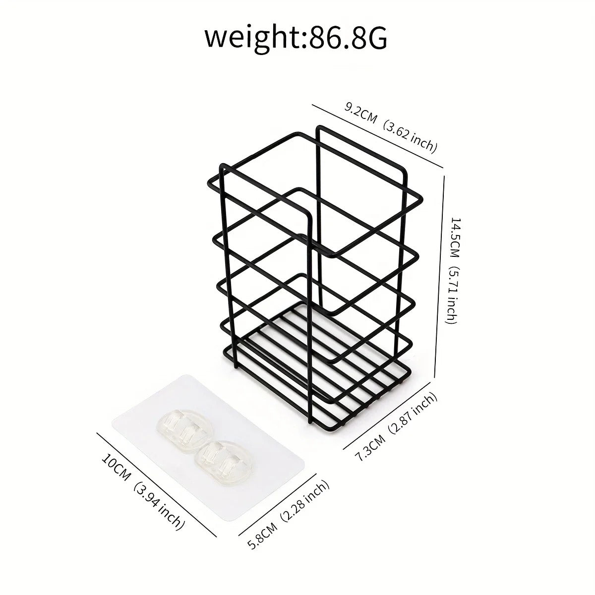 Black metal organizer with dimensions and weight information on a white background
