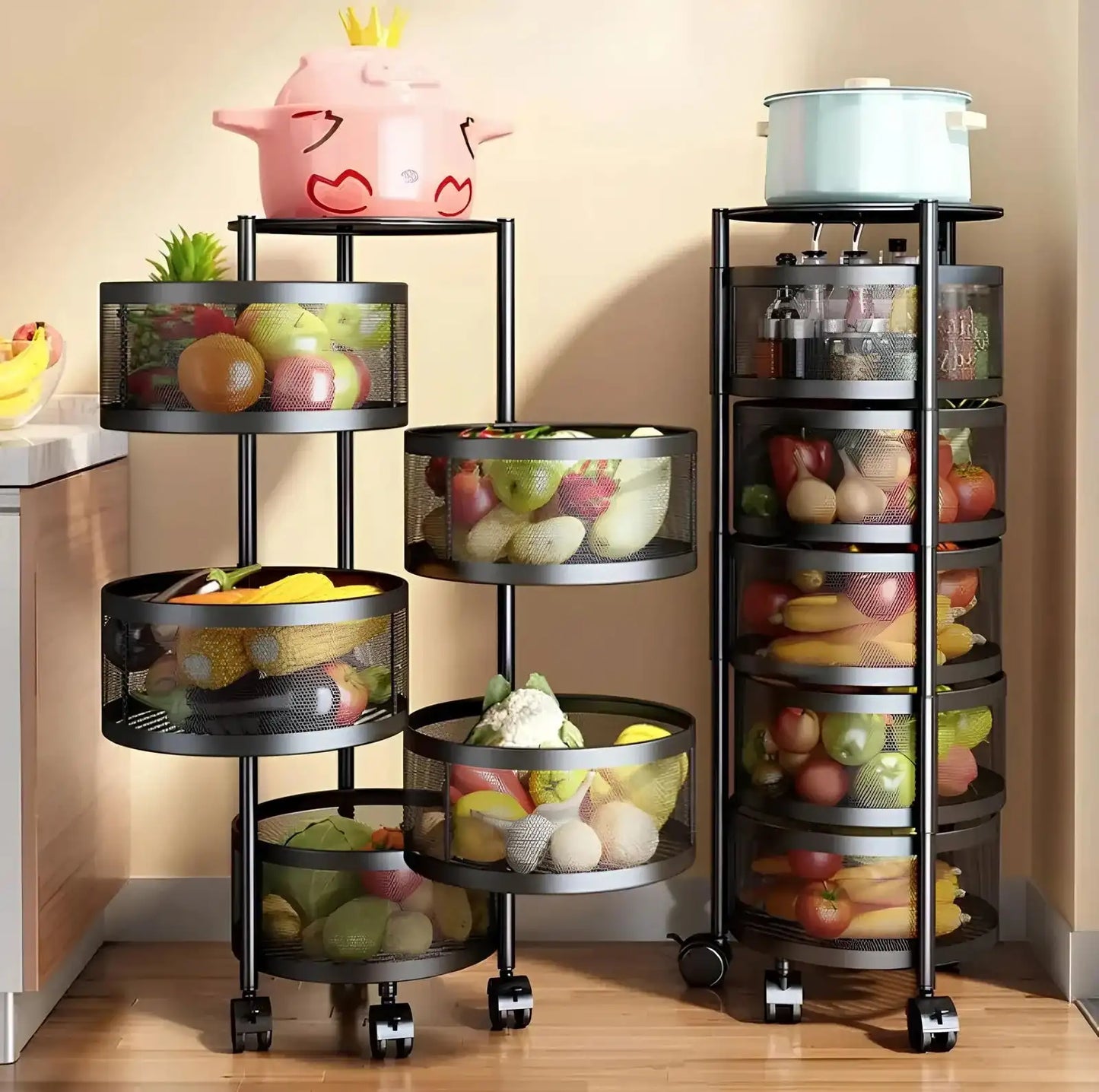 Black tiered kitchen storage shelves with fruits and vegetables on a wooden floor.