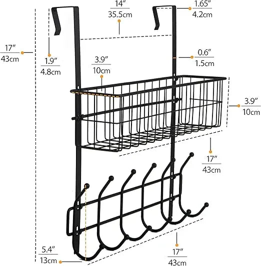 Wall-mounted metal organizer with hooks and a basket, showing measurements.