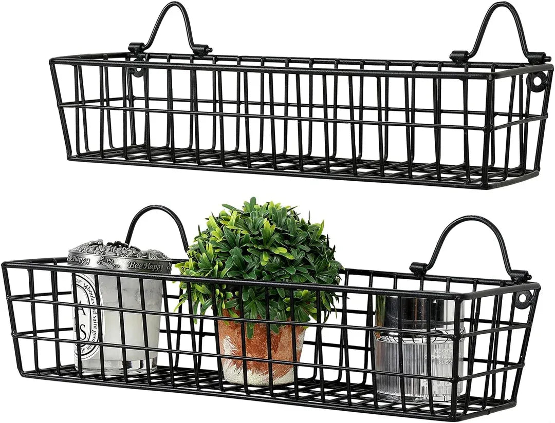 Set of 2 black metal wire wall baskets