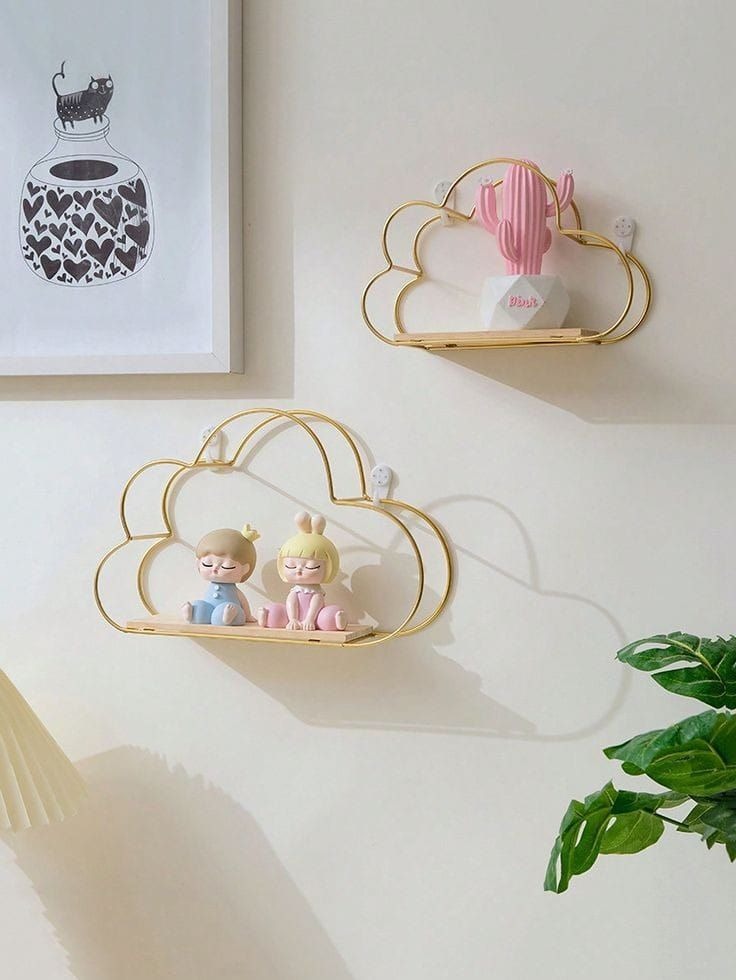 Set of 2 gold cloud wall shelves with cute figurines