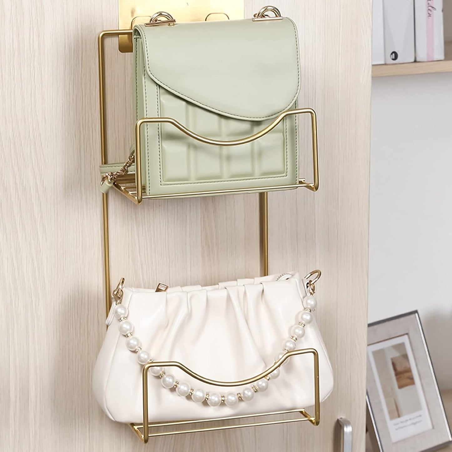 Front view of 2-layer handbag organizer wall shelf – ruhdecor