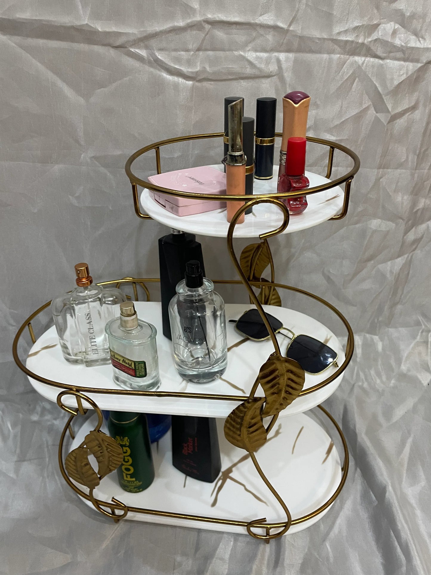 3 Layer Multipurpose Rack – Gold Frame & Marble Shelves
