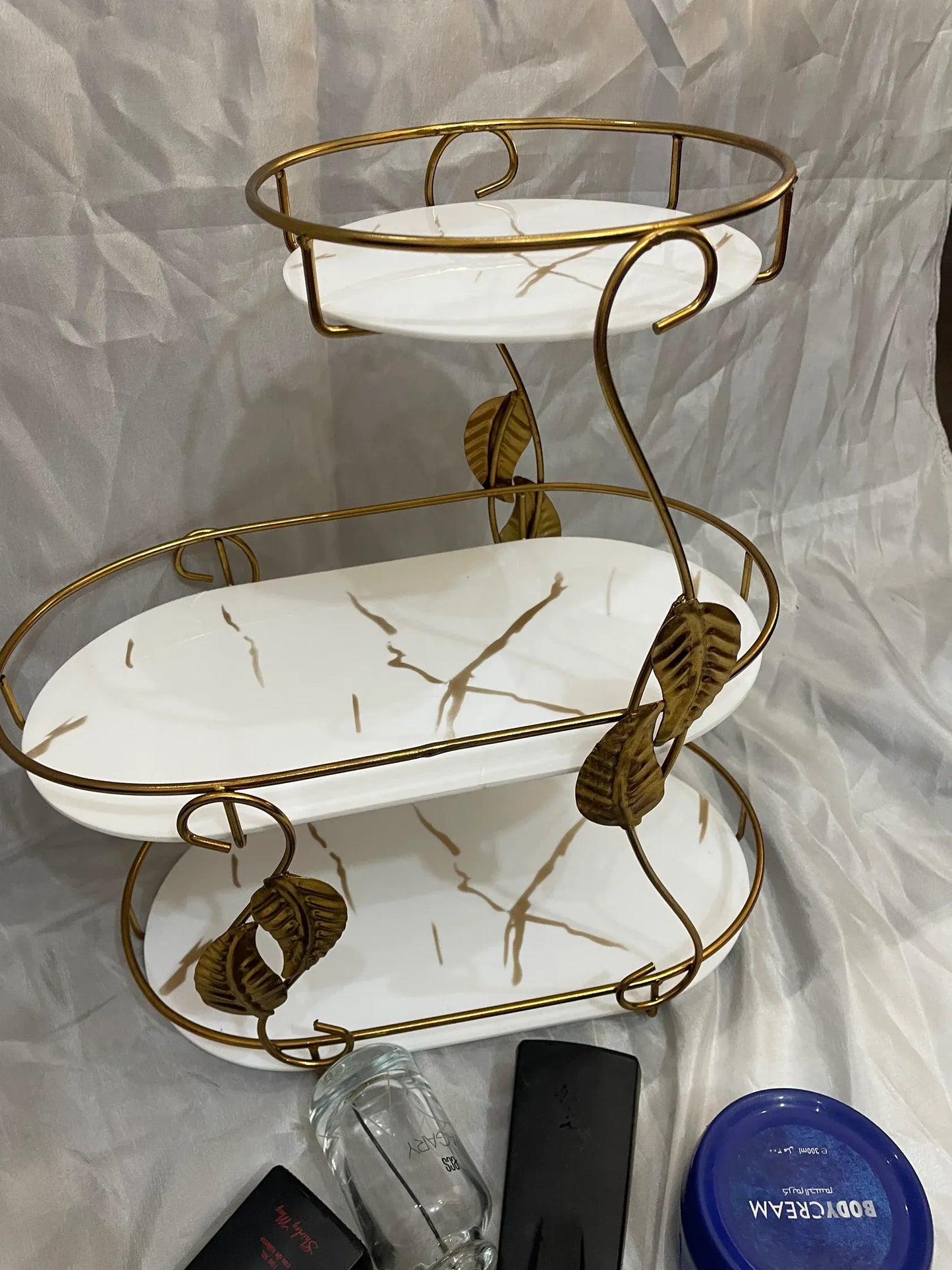 3 Layer Multipurpose Rack – Gold Frame & Marble Shelves