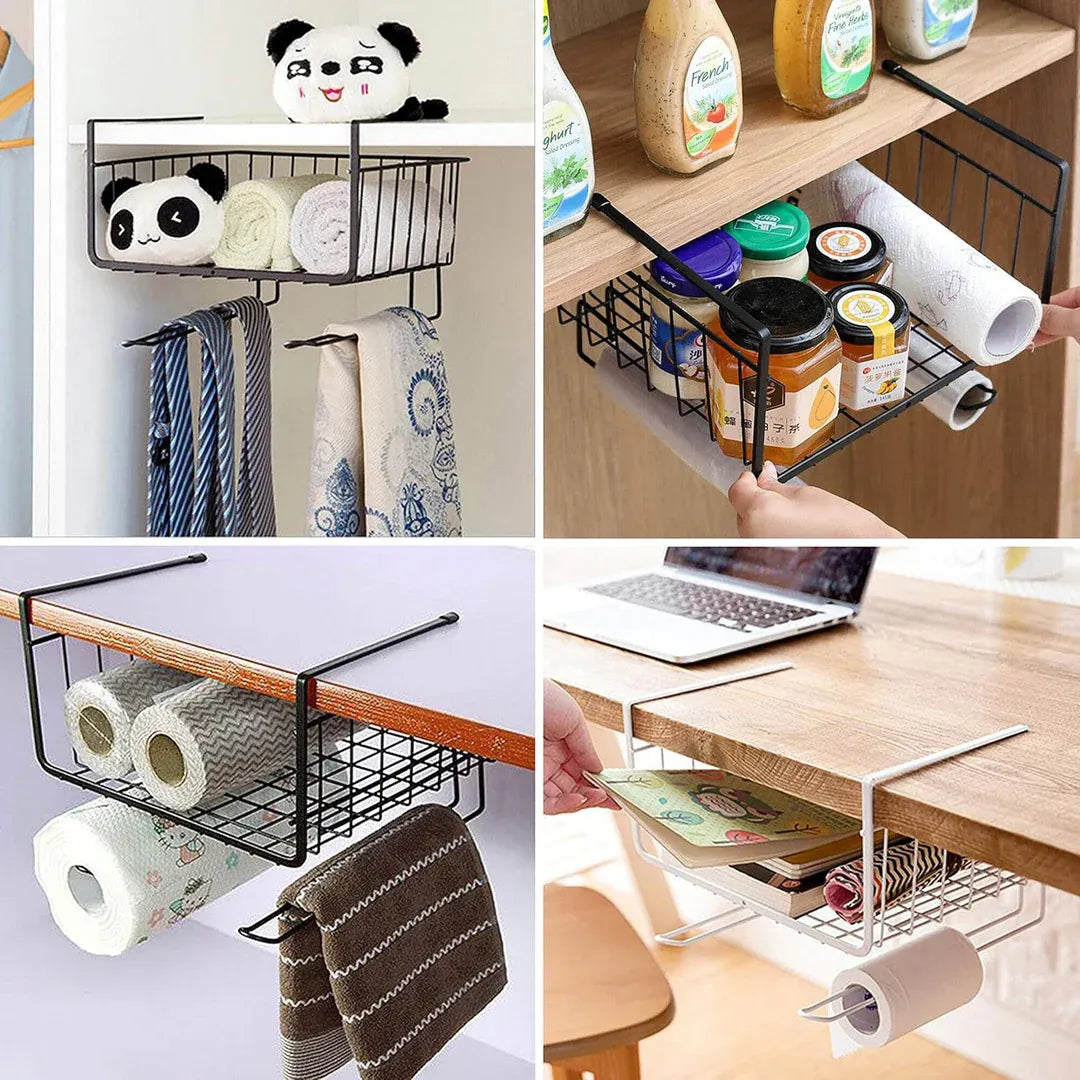 Under Shelf Hanging Basket Organizer – Metal Storage Rack for Kitchen, Wardrobe & Office