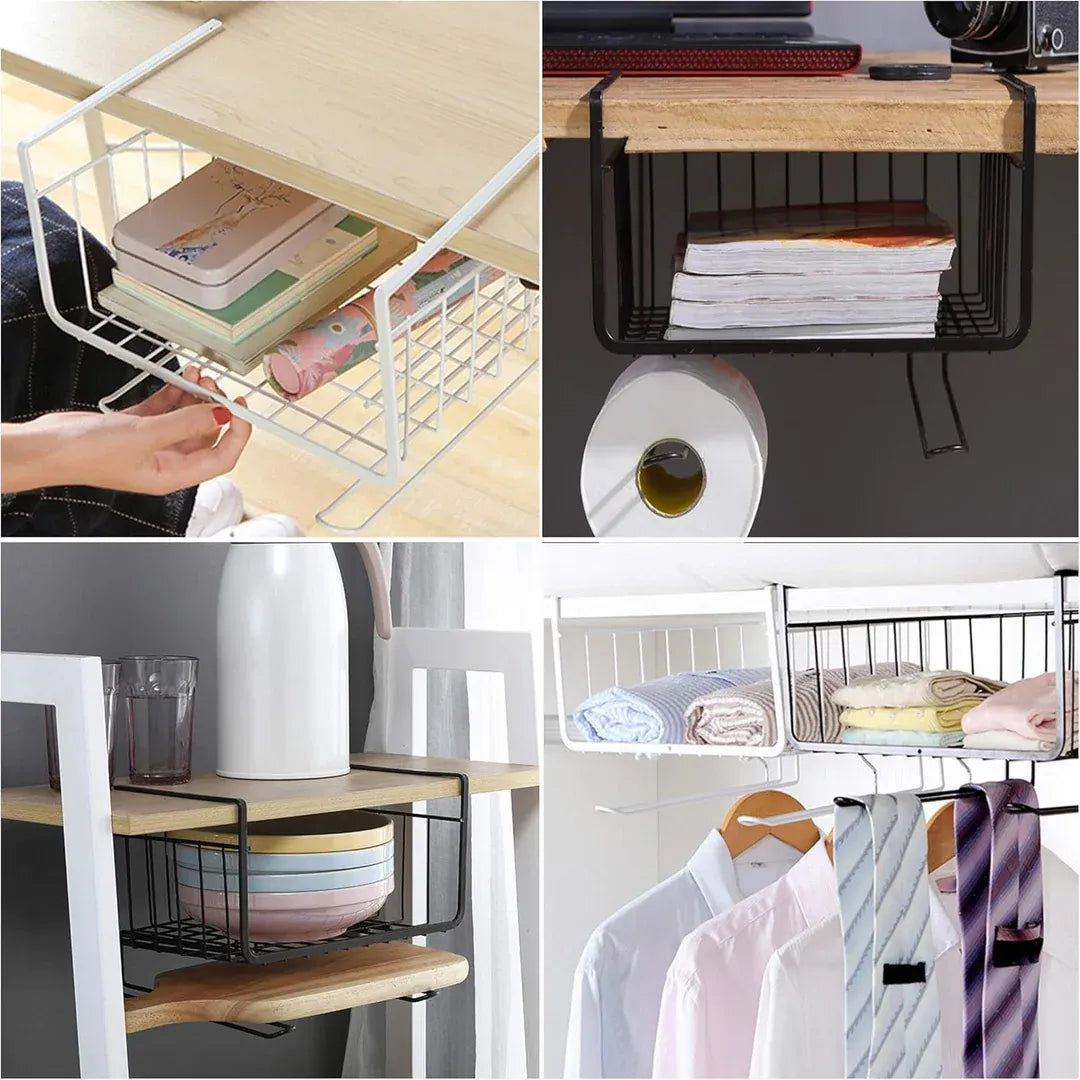 Under Shelf Hanging Basket Organizer – Metal Storage Rack for Kitchen, Wardrobe & Office