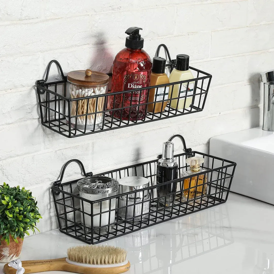 Black metal kitchen storage baskets