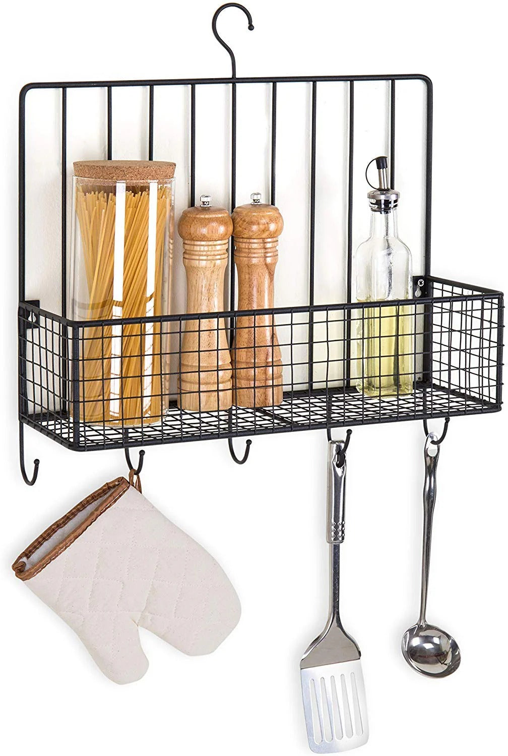 Front view of Metal Spice Rack with Hooks – Black