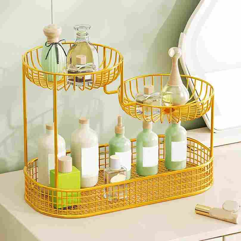 Yellow metal organizer with bottles on a light surface