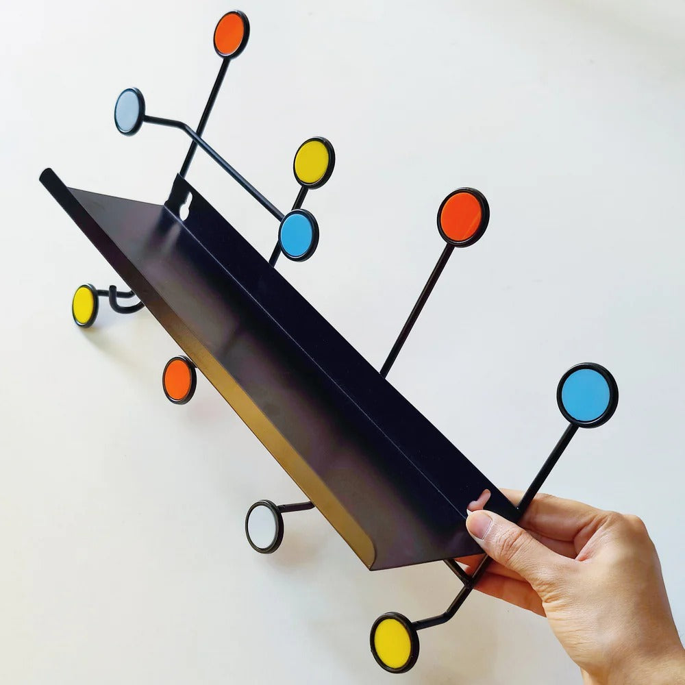 Side angle of Nordic rectangular wall shelf showing depth and hook design
