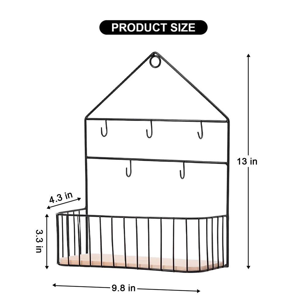Shelf holding bags and keys via hooks