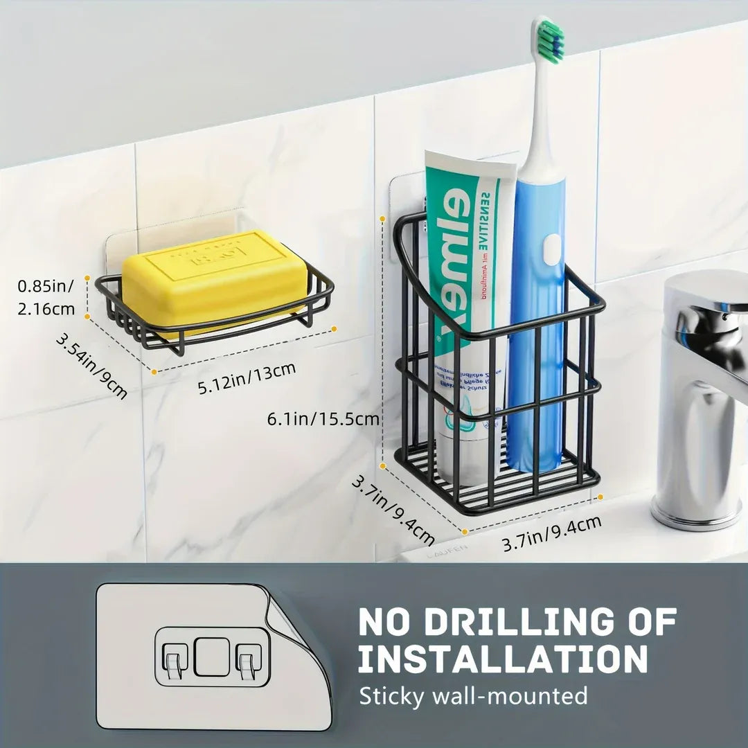 Bathroom organizer with toothbrush, toothpaste, and soap on a white wall.