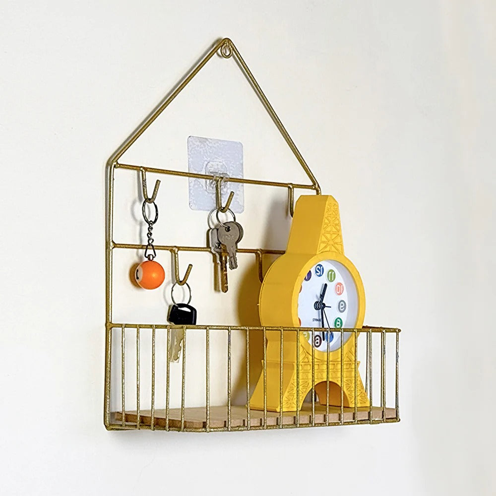 Shelf with hooks in an entryway setting