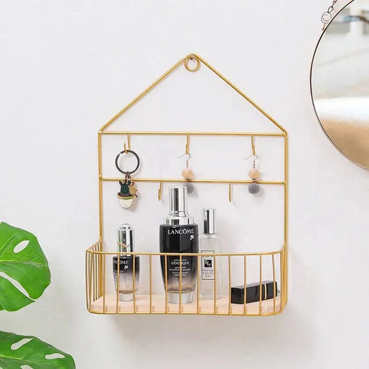 Front view of wall-mounted shelf with hooks – ruhdecor