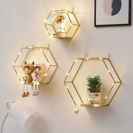 Hexagon Floating Shelves Wall Decor, Gold Metal Wire and Wood Hexagon