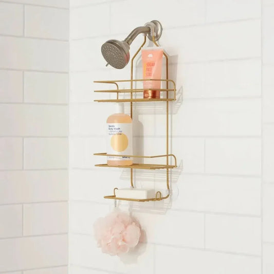 Over the Shower Metal Rack – Brass Bathroom Organizer for Shampoo & Toiletries