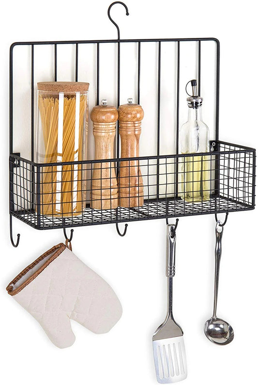 Front view of Metal Spice Rack with Hooks – Black