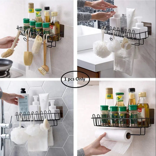 Collage of a wall-mounted metal rack used for holding kitchen utensils, bottles, and paper towels.